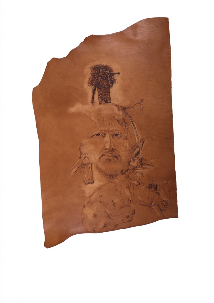 Quando eravamo amabili selvaggi secondo me, 2017, cuoio carteggiato e inciso a fuoco, 123 cm x 73 cm